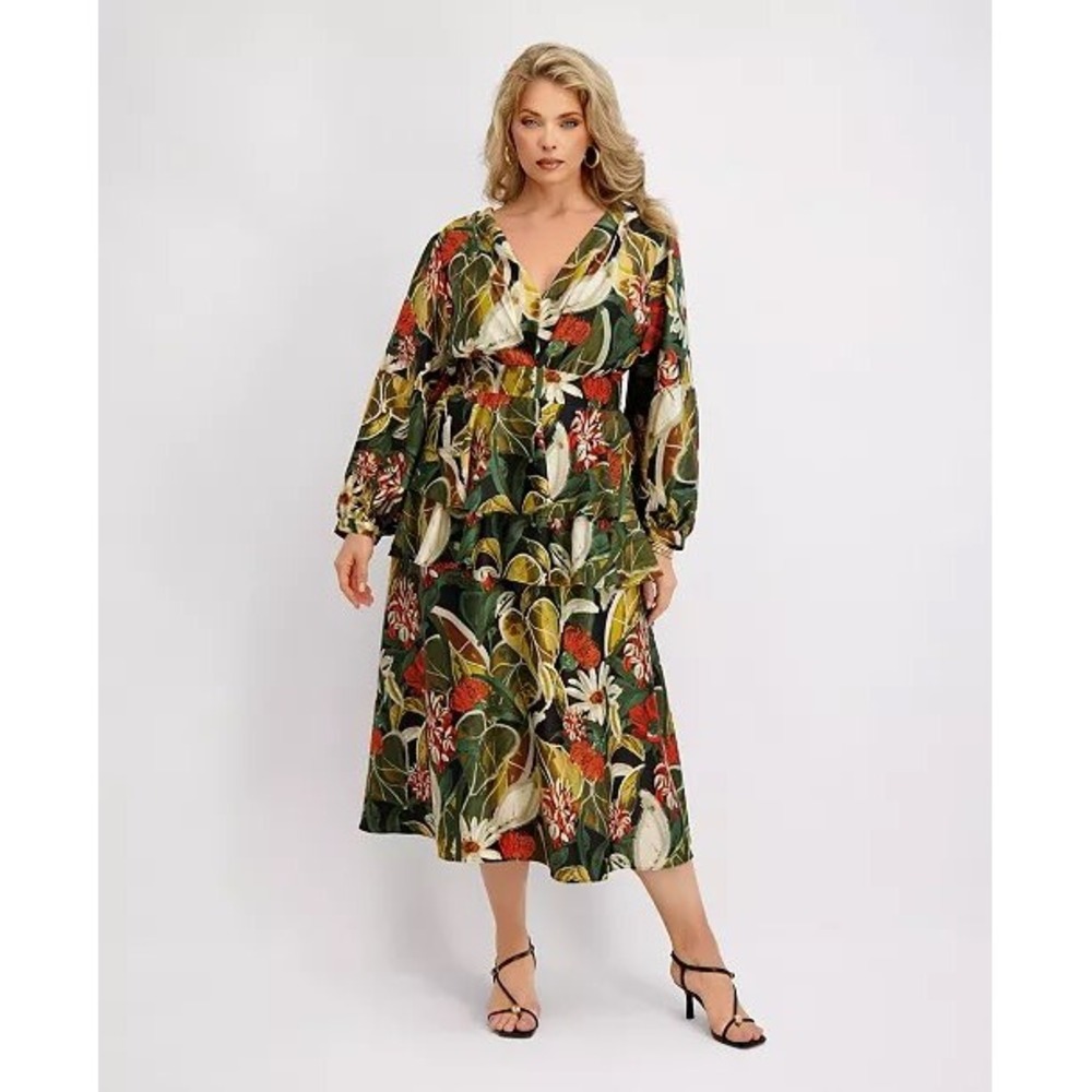 Siena Tropical Floral Tiered Midi Dress 2X Green Multi V-Neck Balloon Sleeve NWT